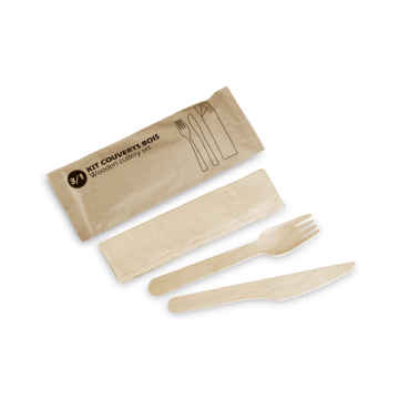 100 Kits Couverts Bois 3 éléments (cout+four+serv)