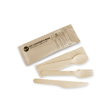 100 Kits Couverts Bois 4 éléments (cout+four+pte cuil+ser)