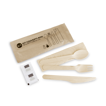 100 Kits Couverts Bois 6 éléments (cout+four+pte cuil+ser+sel+poivre)