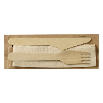 100 kits couverts Bois 3/1 (fourchette-couteau-serviette)
