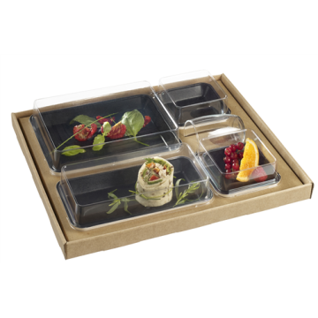 30 Kits plateaux repas Ecokraft avec vaisselle Kanopée laminée Noire + couv