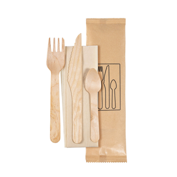 100 kits couverts Bois Wax 4/1 (fourchette-couteau-cuillière dessert-serviette)