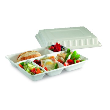 50 Plateaux repas 5 compartiments fibre végétale 29.5 x 24 cm Ht 4cm