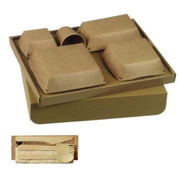 30 Kits plateaux repas Ecokraft vaisselle Quartz + couv.carton+couverts+gobelet